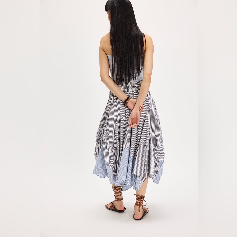 Free People Tied And True Striped Asymmetrical Gathered Bustle Cotton Maxi Skirt - Picture 5 of 7